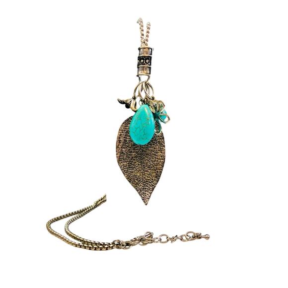 Costume Jewelry - Trendy Long Necklace Faux Silver Turquoise Charms